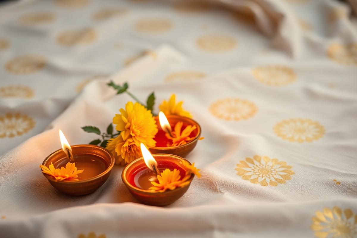 Diya lamps and flowers used in traditional Hindu Puja services in Gaya