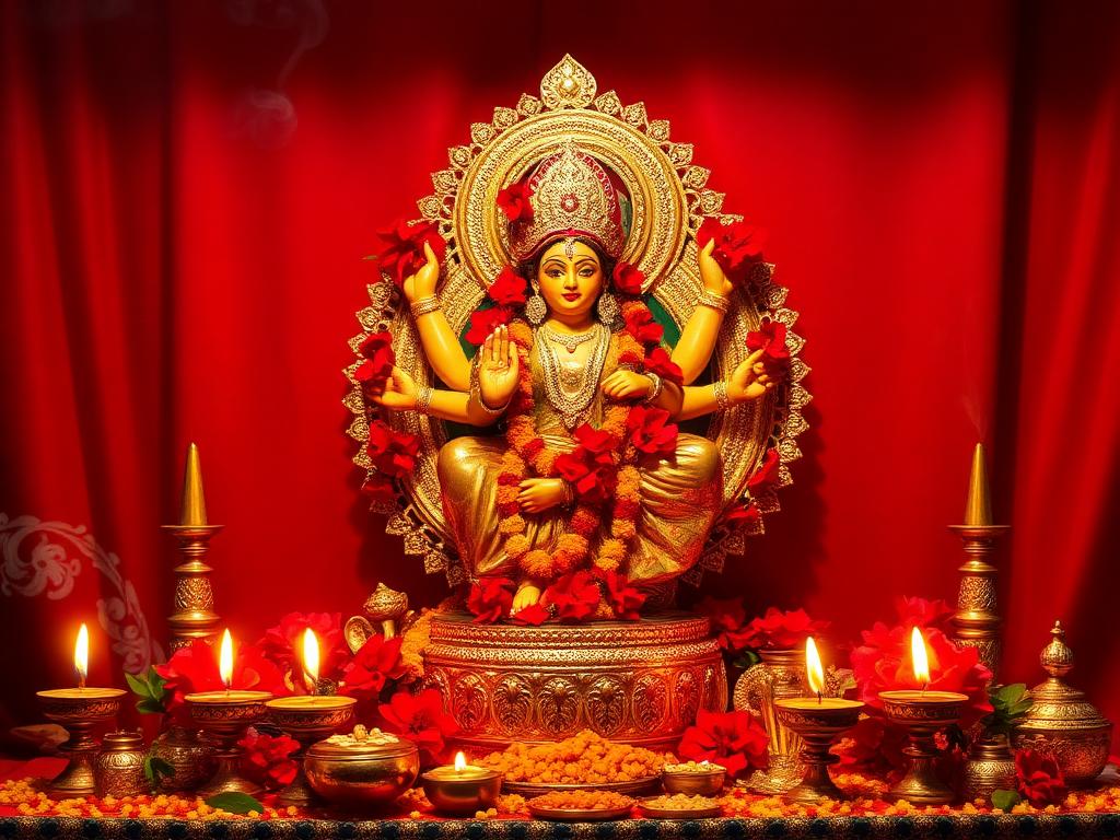 Durga Puja altar decorated with red flowers and oil lamps