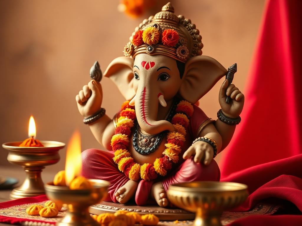 Ganesh Puja with garlanded Ganesha idol, modak and brass diya