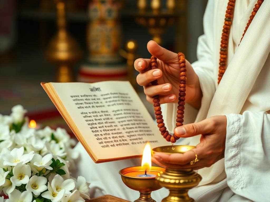 Rudraksha mala and scripture used for Mahamrityunjaya Jaap