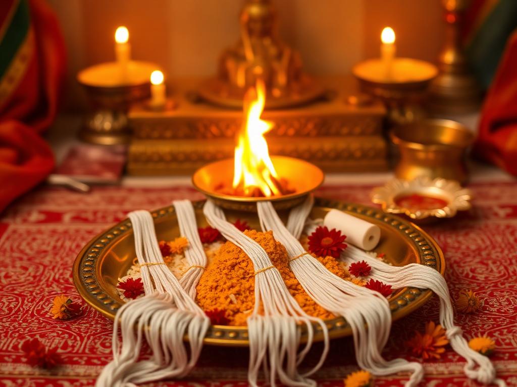 Sacred threads on a brass plate for Janeu Sanskar
