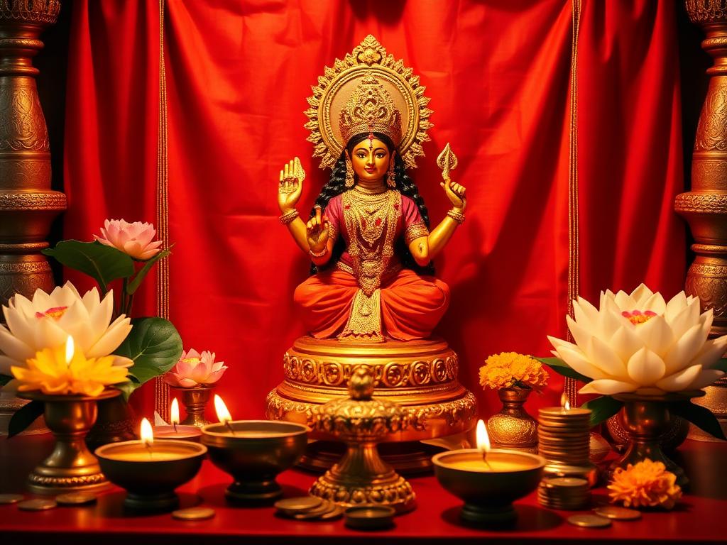 Lakshmi Puja altar with idol, lotus flowers and lit diyas