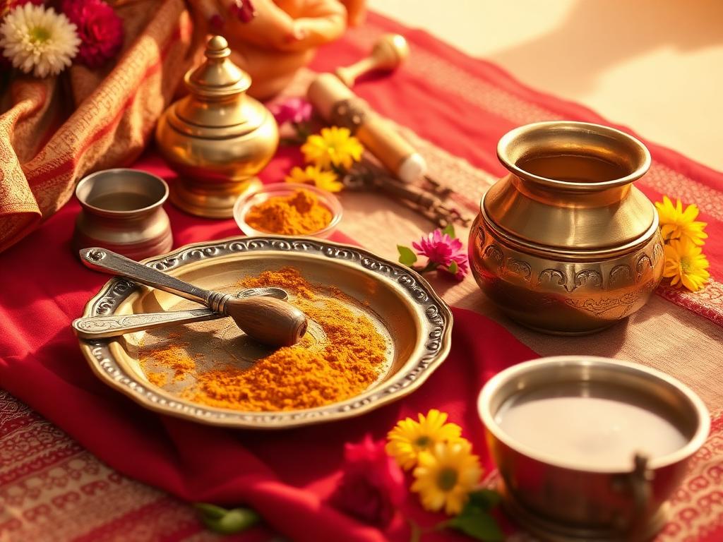 Mundan Sanskar ritual thali with turmeric and holy water pot