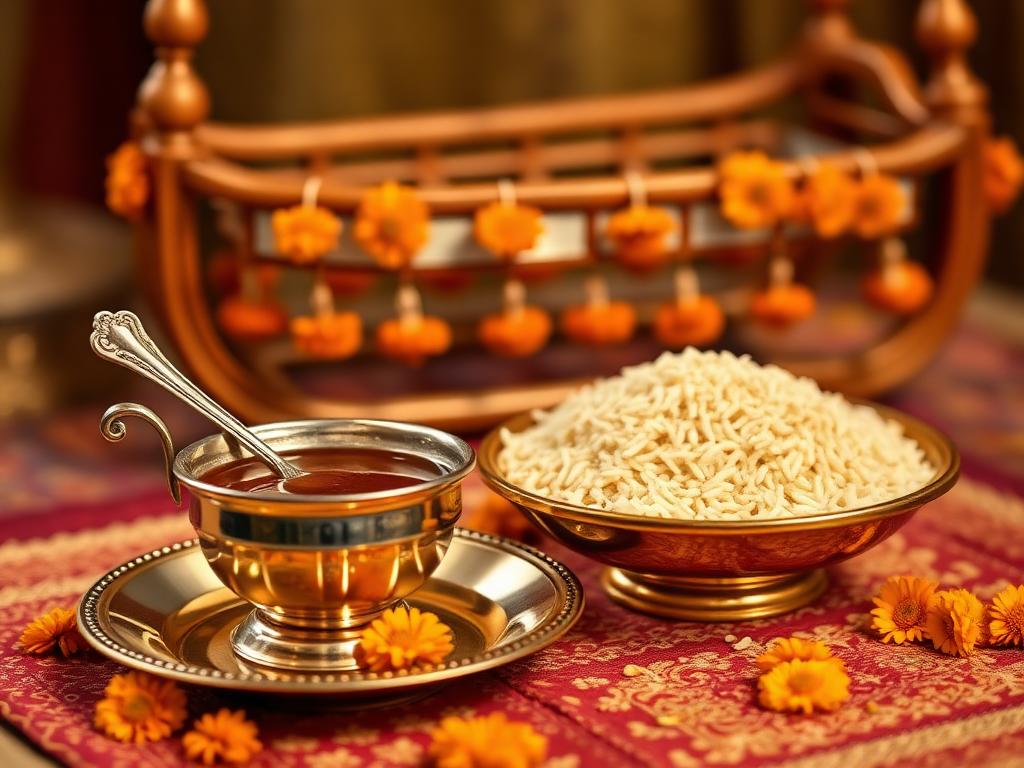 Naamkaran Sanskar ritual items with honey bowl, rice and cradle