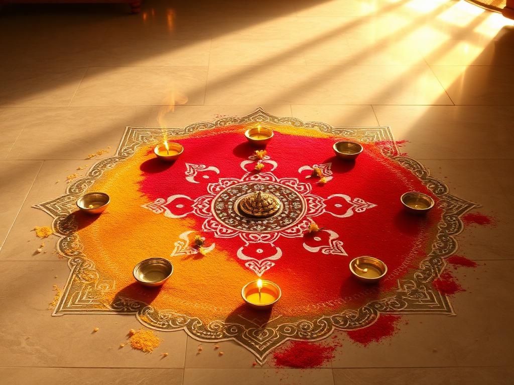 Navgraha Puja mandala with nine diyas arranged on the floor