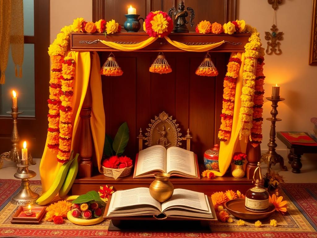Satyanarayan Katha puja chowki decorated with marigold garlands and kalash