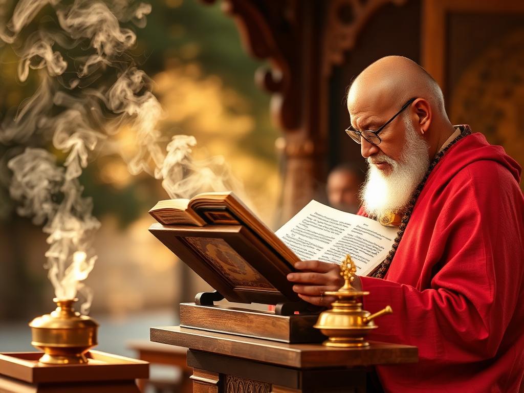 Pandit reciting Shanti Path from a scripture stand