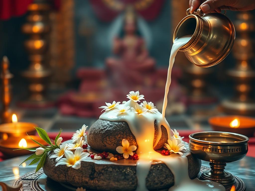 Shiv Puja abhishek of a Shivling with milk and bel leaves