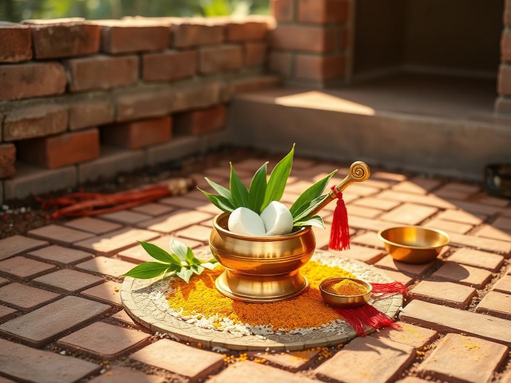 Vastu Puja kalash with coconut and mango leaves at a new house
