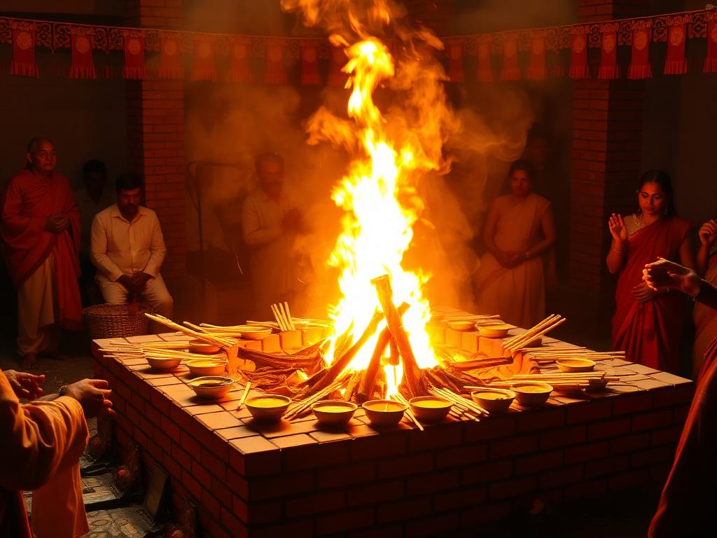 Large Yagya ceremony with brick kund and tall sacred fire